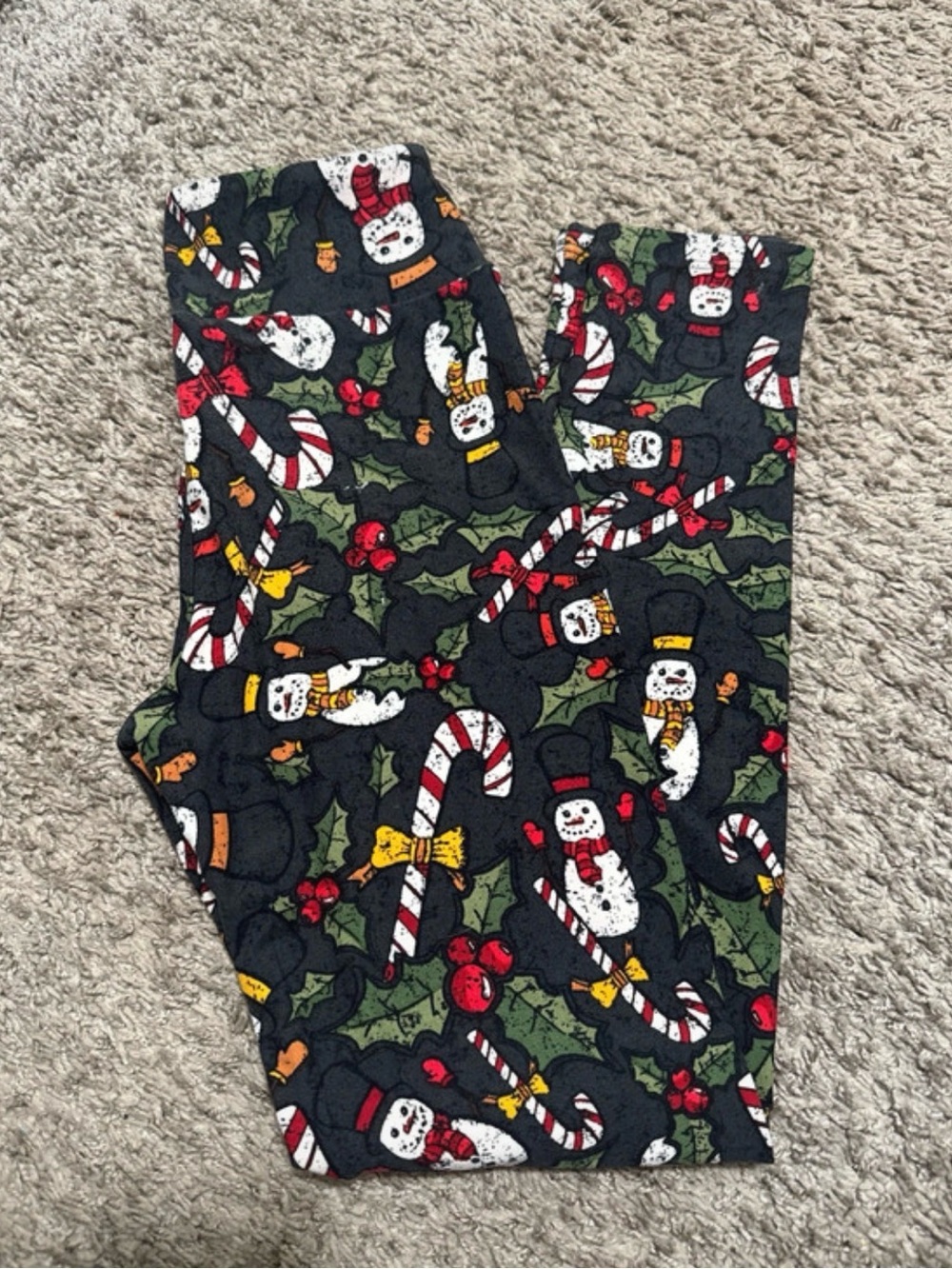 LuLaRoe Black Snowman & Candy Cane Kids Leggings